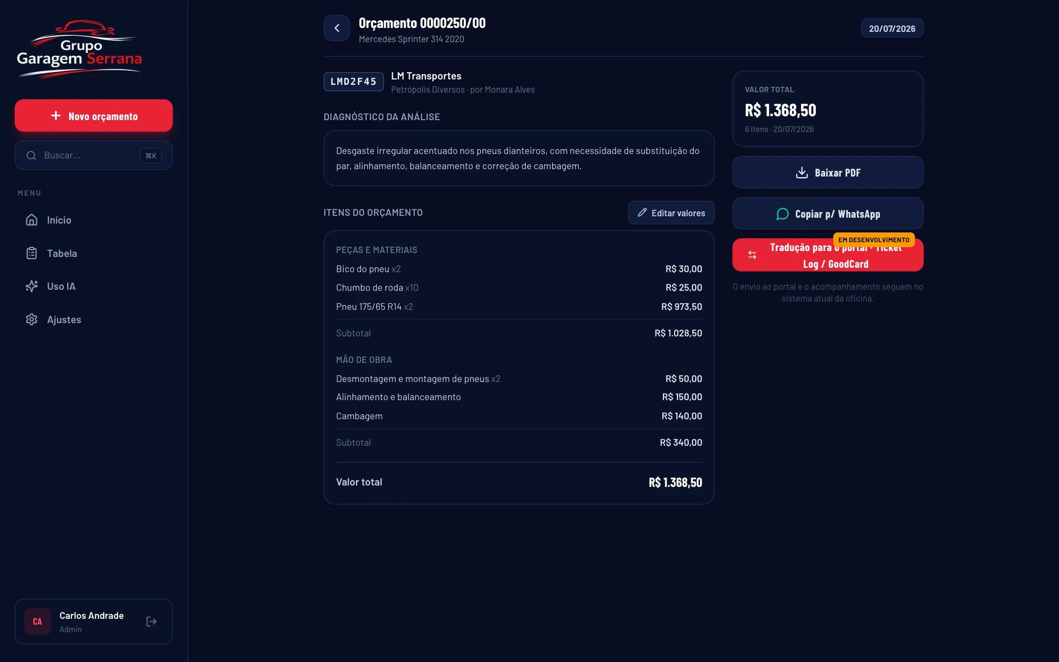Orçamento com diagnóstico da IA no sistema do Grupo Garagem Serrana